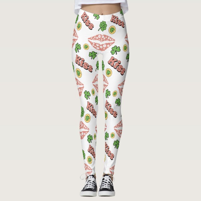 Kiss Clover Lips St. Patrick's Day Weiße Leggings (Vorderseite)