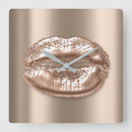 Kiss Lips Beige Bronze Rose Metal Makeup Artist Quadratische Wanduhr