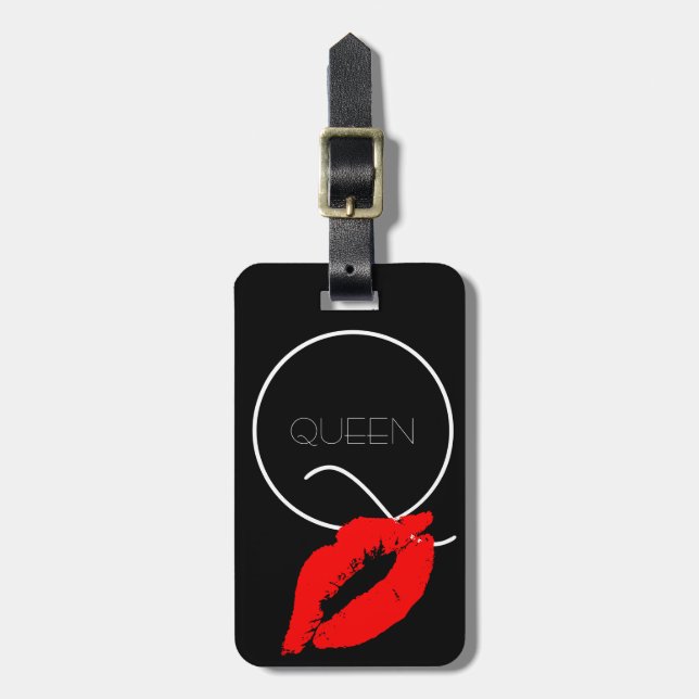 Kiss Lips Black Red Lipstick Queen Q Monogram Gepäckanhänger (Vorderseite vertikal)