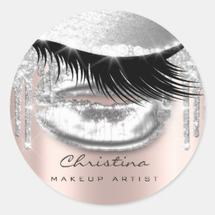 Kiss Lips Makeup Artist Glitzer Lashe Funkelnd Gra Runder Aufkleber