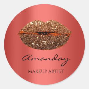 Kiss Lips Makeup Benutzerdefinierter Name Rot Gold Runder Aufkleber
