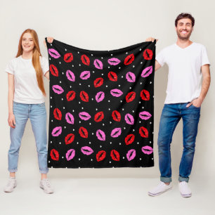 Kiss Lips Pink Red and Hearts Fleece Blanket BLK