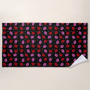Kiss Lips Pink Red Hearts Strandtuch - BLK