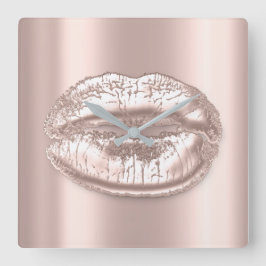 Kiss Lips Pink Rose Blush Metal Makeup Artist Quadratische Wanduhr