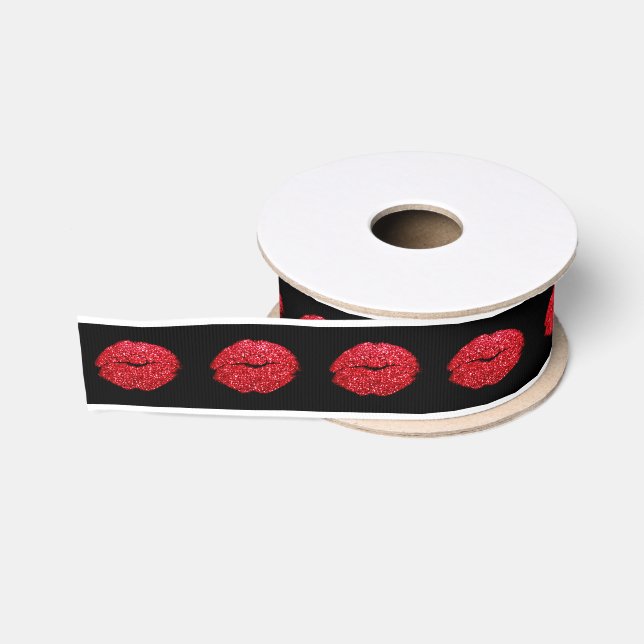Kiss Lips Red Lipstick Black Romantic Glitzer Ripsband (Spule)