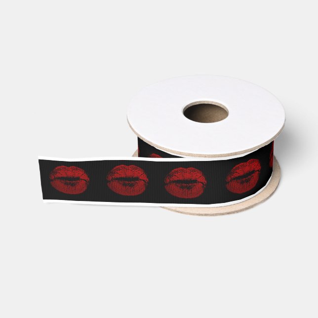 Kiss Lips Red Lipstick Black Valentine Bridal Ripsband (Spule)