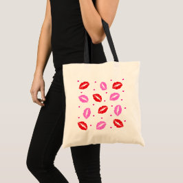 Kiss Lips Rosa und Rot, Herz White Tote Tasche