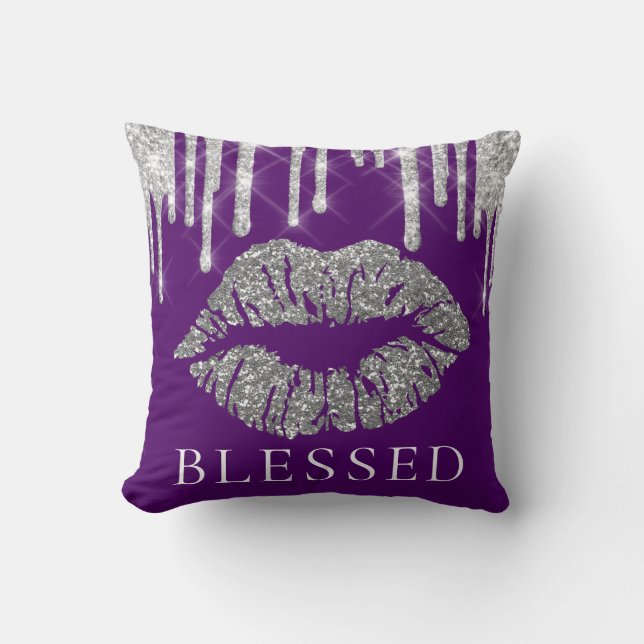 Kiss Lips Silver Gray Tropfens Glitzer Lila gesegn Kissen (Vorderseite)