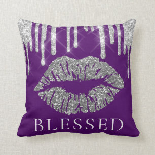 Kiss Lips Silver Gray Tropfens Glitzer Lila gesegn Kissen