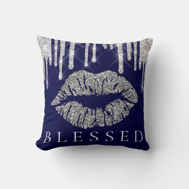 Kiss Lips Silver Gray Tropfens Glitzer Navy gesegn Kissen (Vorderseite)