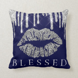 Kiss Lips Silver Gray Tropfens Glitzer Navy gesegn Kissen