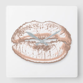 Kiss Lips White Pink Rose Gold Makeup Quadratische Wanduhr