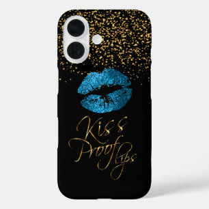 Kiss Proof mit Gold Confetti & Blue Lips iPhone 16 Hülle