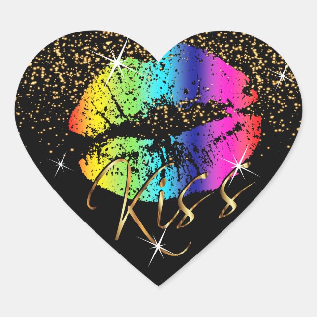 Kiss Rainbow Lippen mit Gold Glitzer Herz-Aufkleber (Vorderseite)