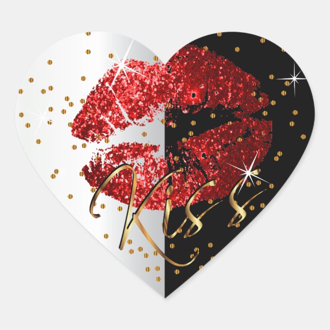 Kiss Red and Gold Glitzer Lips Herz-Aufkleber (Vorderseite)