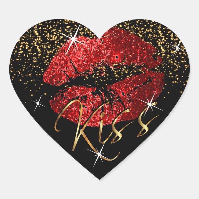 Kiss Red and Gold Glitzer Lips Herz-Aufkleber (Vorderseite)