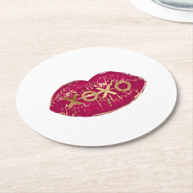 Kiss Red Lips Gold Glitzer XOXO Runder Pappuntersetzer (Angewinkelt)