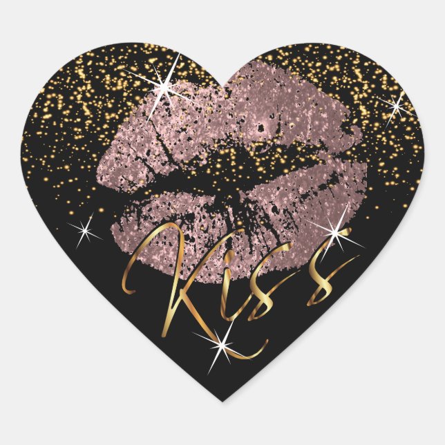 Kiss Rose Gold und Gold Glitzer Lips Herz-Aufkleber (Vorderseite)