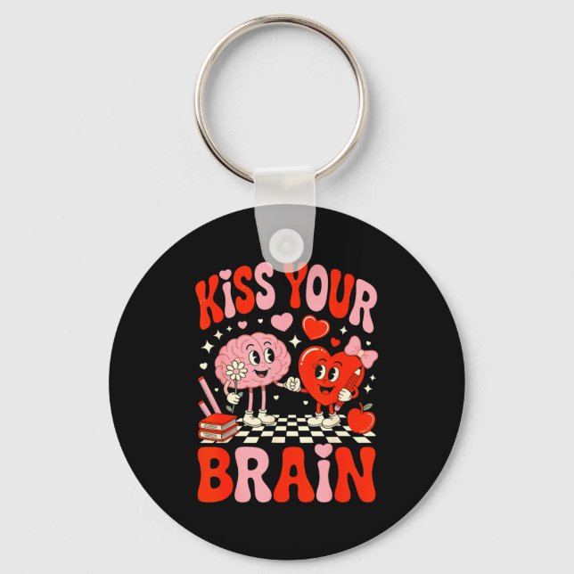 Kiss Your Brain Women Valentine's Day Retro School Schlüsselanhänger (Vorderseite)