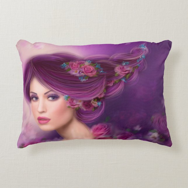 Kissen 16" x 12 "Fantasiefrau mit violetten Blumen (Vorderseite)
