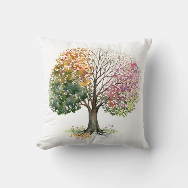 KISSEN 4 JAHRESZEIT-BAUM-AQUARELL auf WEISS (Vorderseite)