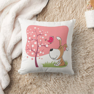 Kissen Cartoon Hund Welpe Vogel Blume Rosa Wurfkis