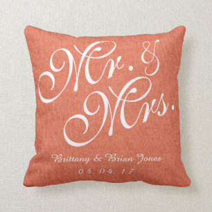 Kissen Coral White Linnen Hochzeit Mr. und Mrs.