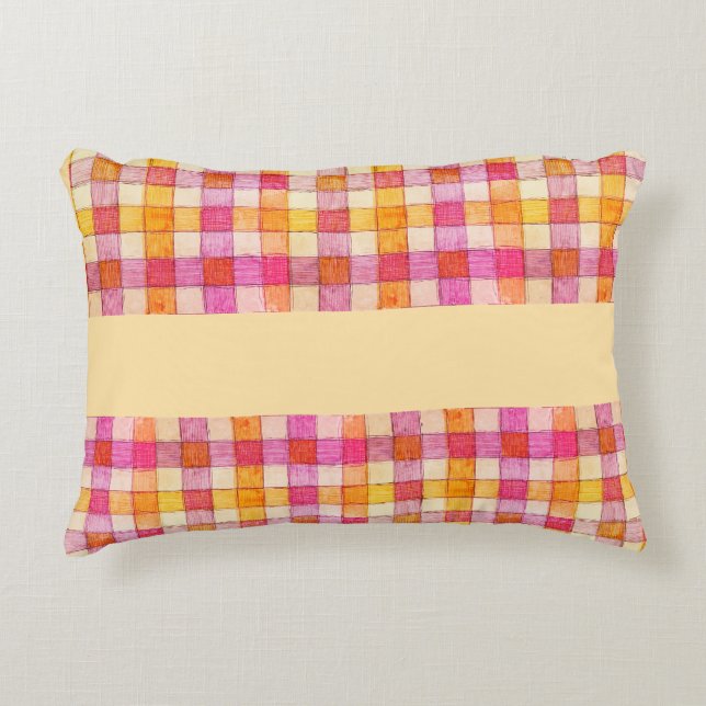 Kissen mit rosa Orange- und cremefarbenem Gingham- (Vorderseite)