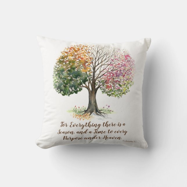 KISSEN-WEISS 4 JAHRESZEIT-BAUM-BIBEL-VERS-AQUARELL KISSEN (Vorderseite)