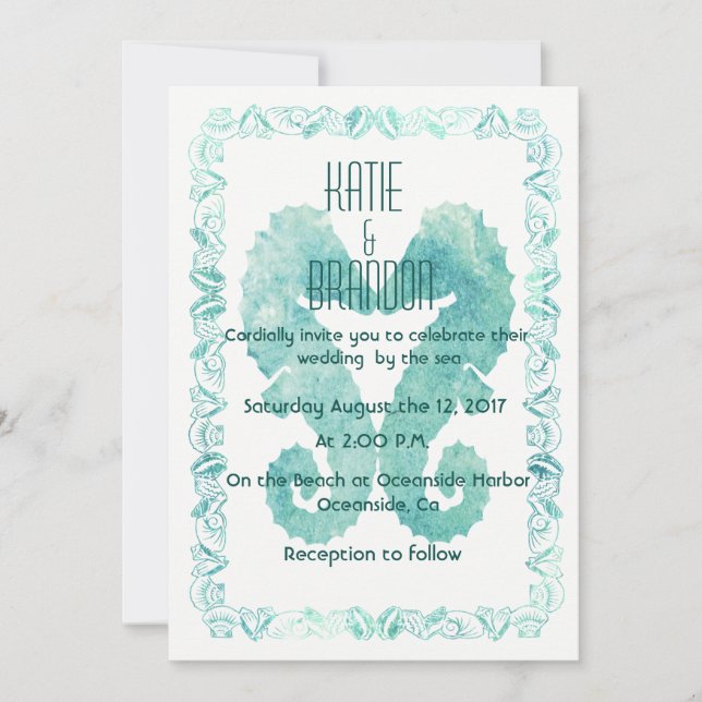 Kisser Seahorses Faire-part de mariage en Turquois (Devant)