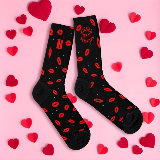 Kisses für Boyfriend Red Lipstick Black Socks Socken (Kisses for your boyfriend (or girlfriend) Just add your initial to these cute lipstick kisses socks)