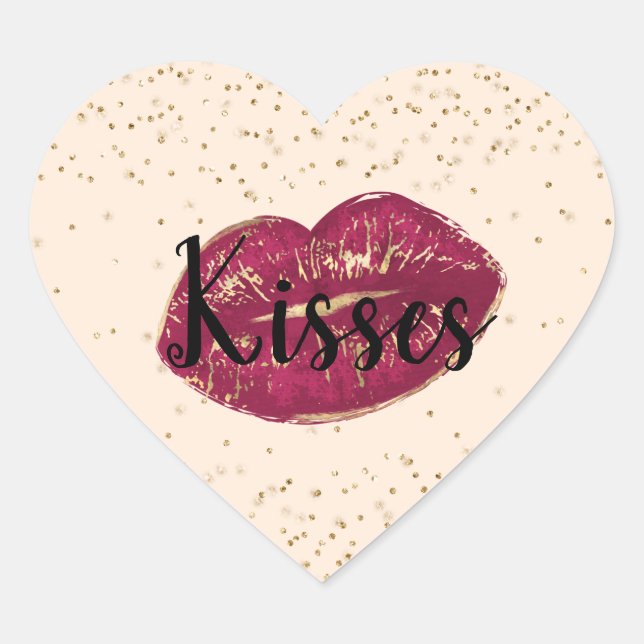 Kisses Red Gold Lips Confetti Herz-Aufkleber (Vorderseite)