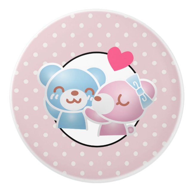 KIssing Bears auf Polka Dots Niedlich und Kawaii Keramikknauf (Vorderseite)