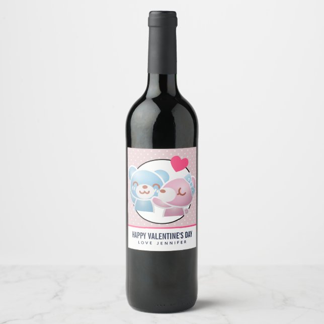 Kissing Bears Niedlich und Kawaii Weinetikett (Vorderseite)