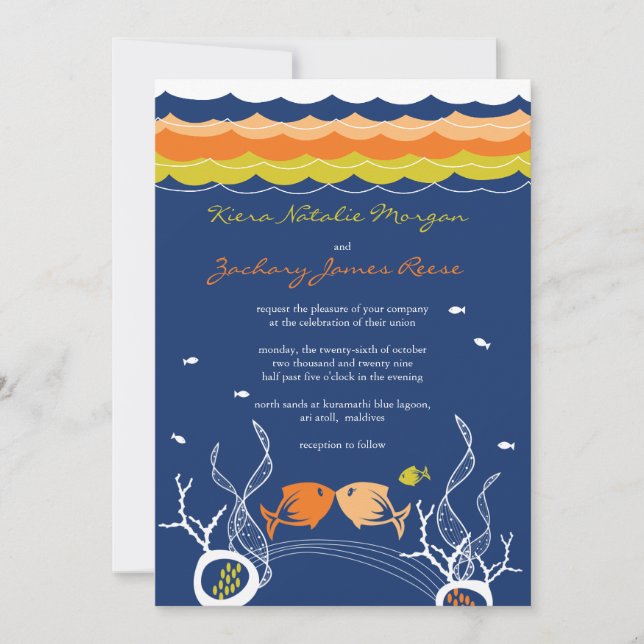 Kissing Fish Corals Beach Whimsical Niedlich Weddi Einladung (Vorderseite)