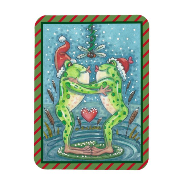 KISSING FROGS, DRAGONFLY MISTLETOE HOLIDAY MAGNET (Vertical)