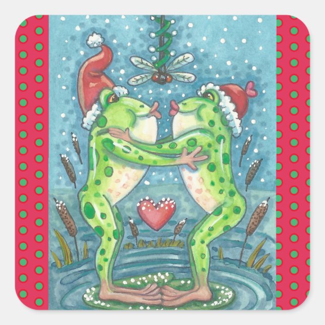 KISSING FROGS, DRAGONFLY MISTLETOE HOLIDAY STICKER (Devant)