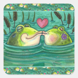 KISSING FROGS FARBE FARBE COLORFUL & NIEDLICH POND QUADRATISCHER AUFKLEBER