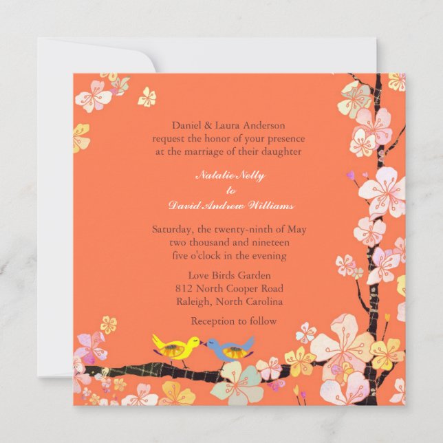 Kissing Love Birds Orange Wedding Einladung (Vorderseite)