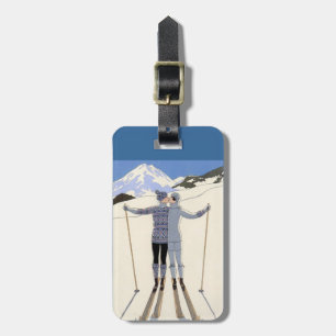 Kissing-Skifahrer - Vintage-Reiseplakat Gepäckanhänger