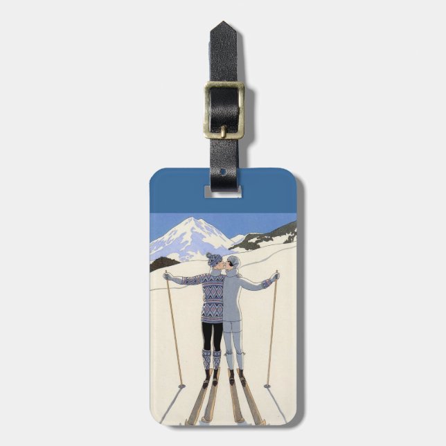 Kissing-Skifahrer - Vintage-Reiseplakat Gepäckanhänger (Vorderseite vertikal)