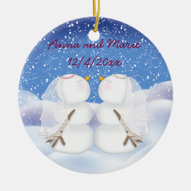 Kissing Snowmen zwei Brides Keramik Ornament (Vorne)