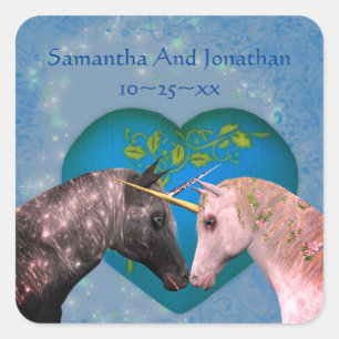Kissing Unicorns Herz Personalisierte Hochzeit Quadratischer Aufkleber