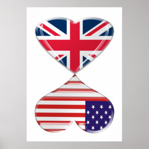Kissing USA und UK Hearts Flags Art Poster