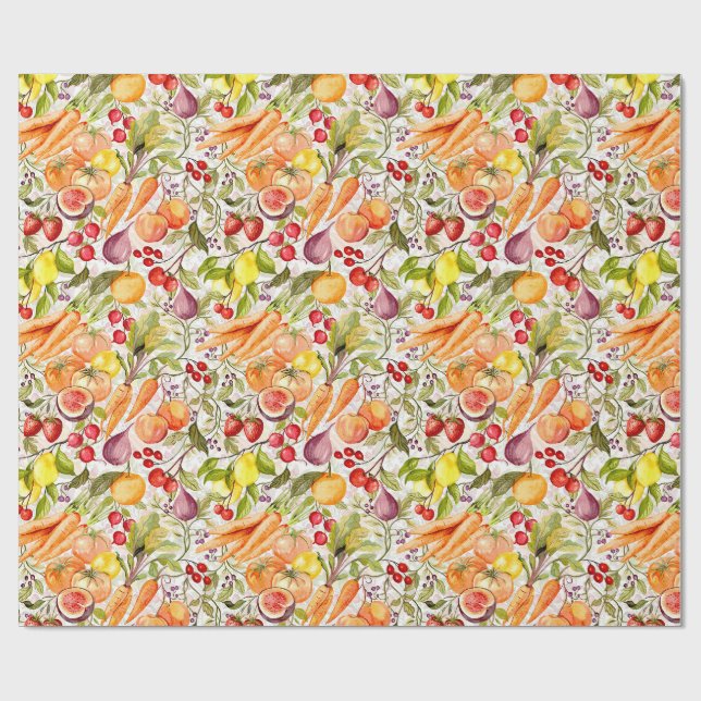 Kitchen Garden Harvest Watercolor Fruit & Veggie Geschenkpapier (Flach)