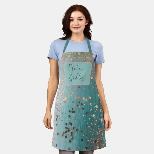 Kitchen Goddess Gold Stars auf Aquamariner Schürze (Getragen)