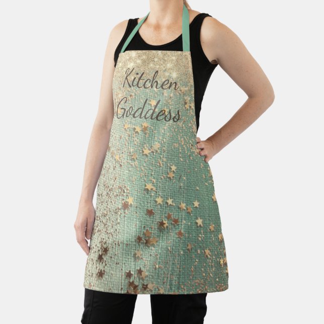 Kitchen Goddess Gold Stars auf Sea Green Schürze (InSitu)
