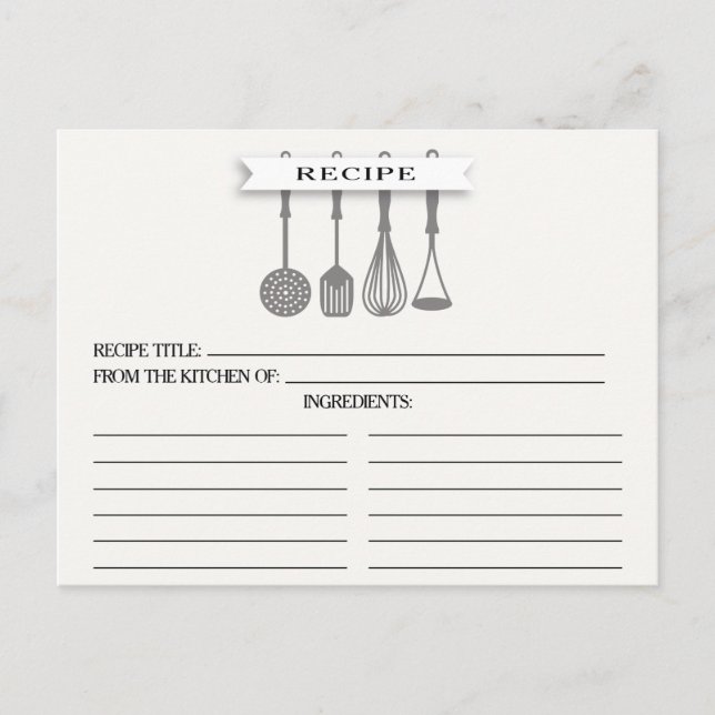 Kitchen Gray Utensils Brautparty Recipe Cards Postkarte (Vorderseite)