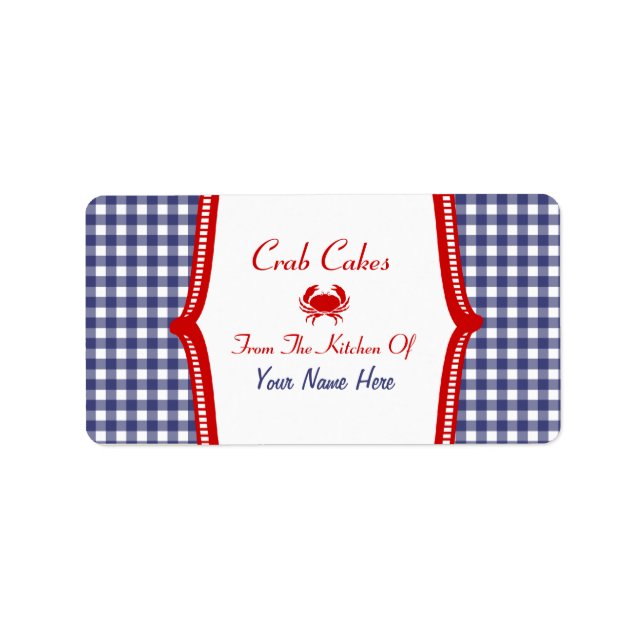 Kitchen Label - Blue Gingham and Red "Crab Cakes" Adressaufkleber (Vorne)