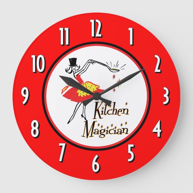 Kitchen Magician Red White Numbers Wall Clock Große Wanduhr (Vorderseite)